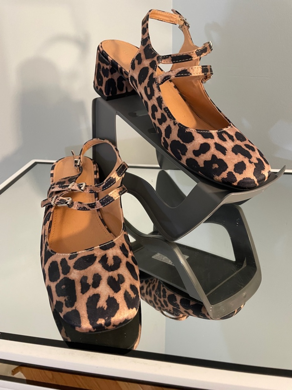 Berness Birdie Leopard Print Double-Strap Block Heel - Tan/Black worn once 10